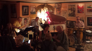 Chris playing piano with Jazz Offline at a house party in Darwen, Lancs