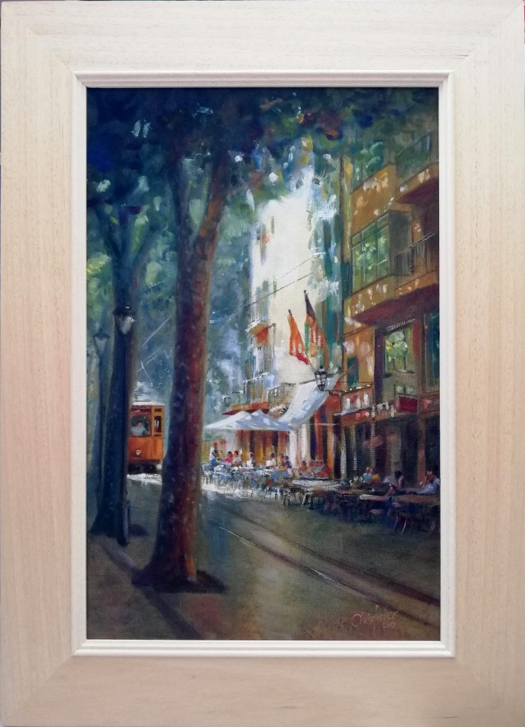 Oil painting of cafe scene in Sollér, Mallorca